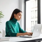 디자인에서 비대칭 레이아웃의 효과 - **Asymmetrical Web Design Workspace**
    A modern, brightly lit home office setup. A stylish woman,...