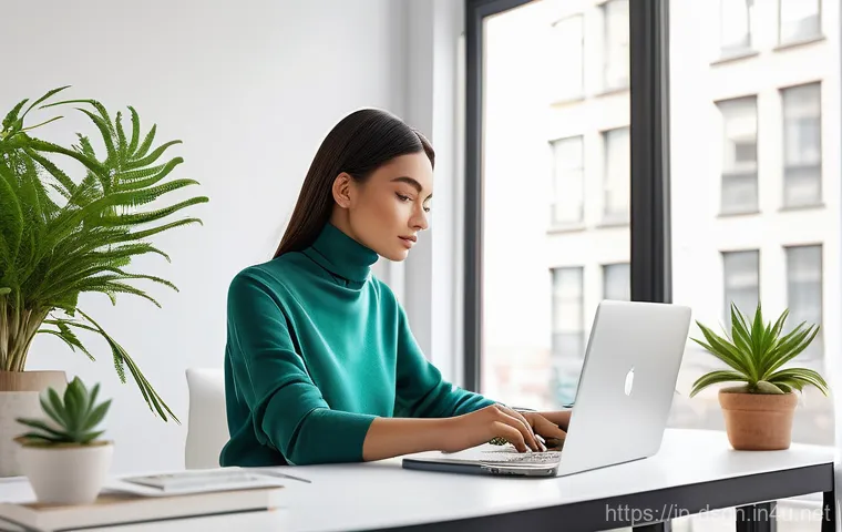디자인에서 비대칭 레이아웃의 효과 - **Asymmetrical Web Design Workspace**
    A modern, brightly lit home office setup. A stylish woman,...
