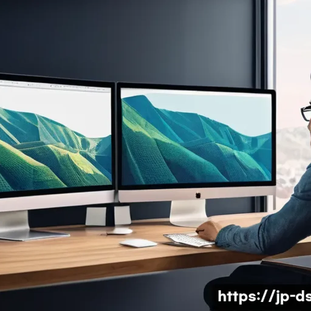 디자인 소프트웨어 비교  Photoshop vs Illustrator - **A graphic designer in a modern, well-lit studio workspace, looking puzzled at two computer monitor...