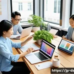 브랜드 재디자인의 성공과 실패 사례 - A modern corporate branding workshop scene featuring diverse Japanese professionals collaborating ar...