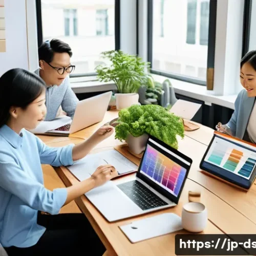 브랜드 재디자인의 성공과 실패 사례 - A modern corporate branding workshop scene featuring diverse Japanese professionals collaborating ar...