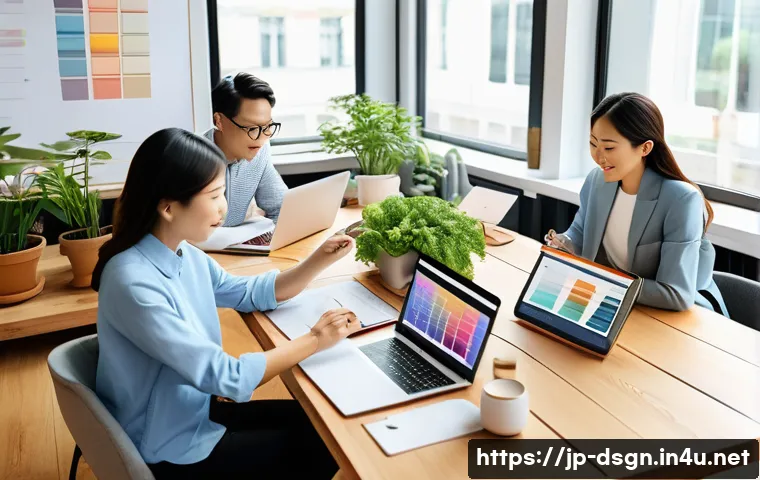 브랜드 재디자인의 성공과 실패 사례 - A modern corporate branding workshop scene featuring diverse Japanese professionals collaborating ar...