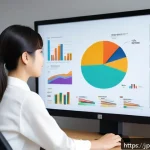 디자인을 위한 데이터 시각화 도구 - A sleek modern workspace featuring a young Japanese professional woman using a user-friendly data vi...