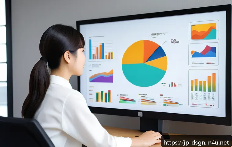 디자인을 위한 데이터 시각화 도구 - A sleek modern workspace featuring a young Japanese professional woman using a user-friendly data vi...