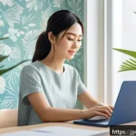 디자인 초보자를 위한 무료 그래픽 리소스 사이트 - A modern Japanese woman in casual stylish clothing, sitting at a clean, minimalist desk using a lapt...