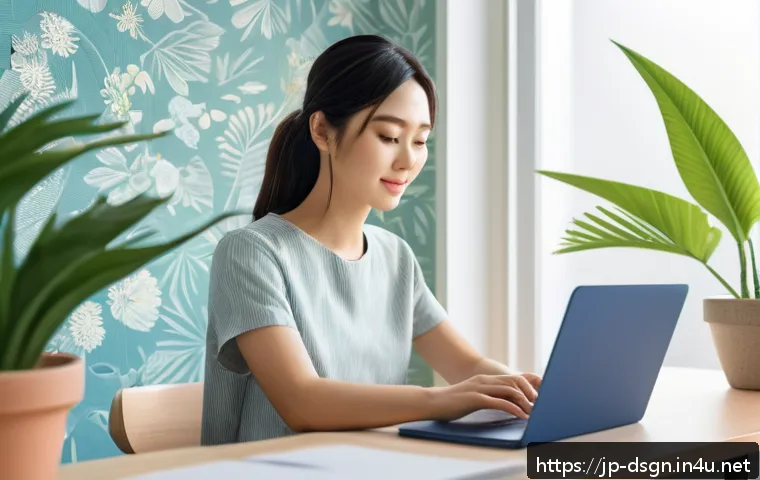 디자인 초보자를 위한 무료 그래픽 리소스 사이트 - A modern Japanese woman in casual stylish clothing, sitting at a clean, minimalist desk using a lapt...