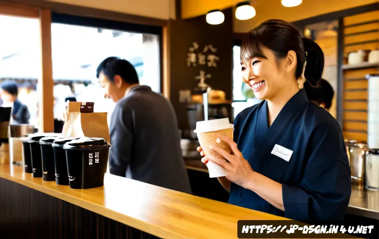디자인에서 브랜드 충성도를 높이는 전략 - Photorealistic Japanese boutique café counter scene, a smiling middle-aged customer receiving a beau...